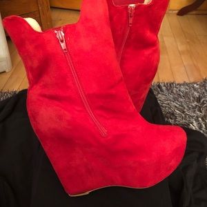 Red Suede Platform Hidden Wedge Boots